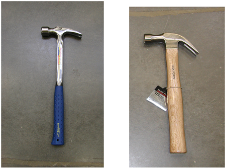 Wood handle and Metal handle hammers are shown and each provides different strengths when hammering