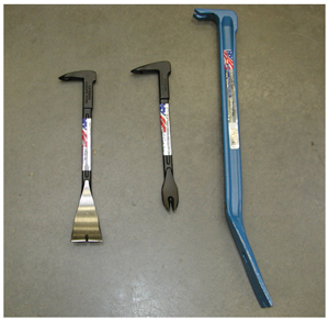 A nail puller, which looks like a crow bar, is shown when needing to pull nails from a tight spot